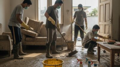 bersihkan rumah pasca banjir, tips pasca banjir, pencegahan penyakit banjir, membersihkan lumpur banjir, disinfeksi rumah banjir, kebersihan rumah banjir, kesehatan pasca banjir, recovery banjir rumah