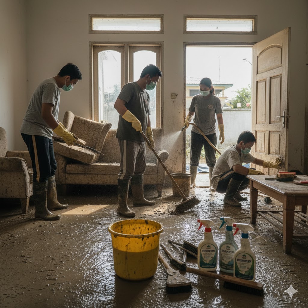 bersihkan rumah pasca banjir, tips pasca banjir, pencegahan penyakit banjir, membersihkan lumpur banjir, disinfeksi rumah banjir, kebersihan rumah banjir, kesehatan pasca banjir, recovery banjir rumah